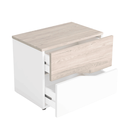 Pacote de móveis de quarto assimétricos em branco e Robke Sahara, composto por uma cabeceira, 2 mesas de cabeceira com 2 gavetas e uma cômoda Pacote de móveis de quarto assimétricos em branco e Robke Sahara, composto por uma cabeceira, 2 mesas de cabeceira com 2 gavetas e uma cômoda