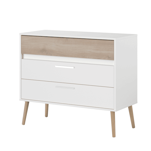 Pacote de móveis de quarto assimétricos em branco e Robke Sahara, composto por uma cabeceira, 2 mesas de cabeceira com 2 gavetas e uma cômoda Pacote de móveis de quarto assimétricos em branco e Robke Sahara, composto por uma cabeceira, 2 mesas de cabeceira com 2 gavetas e uma cômoda