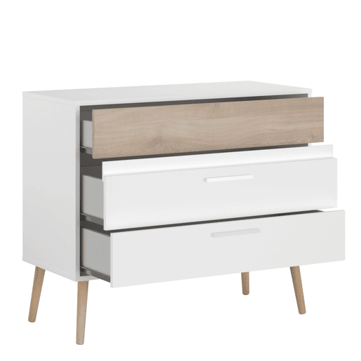 Pacote de móveis de quarto assimétricos em branco e Robke Sahara, composto por uma cabeceira, 2 mesas de cabeceira com 2 gavetas e uma cômoda Pacote de móveis de quarto assimétricos em branco e Robke Sahara, composto por uma cabeceira, 2 mesas de cabeceira com 2 gavetas e uma cômoda