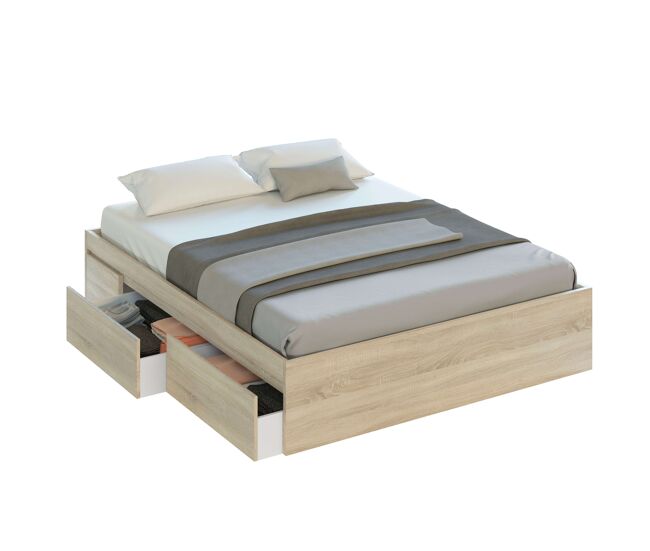 Pack de dormitorio andy estilo industrial en color roble canadian y óxido cama + cabecero con mesitas + cómoda (armario opcional)