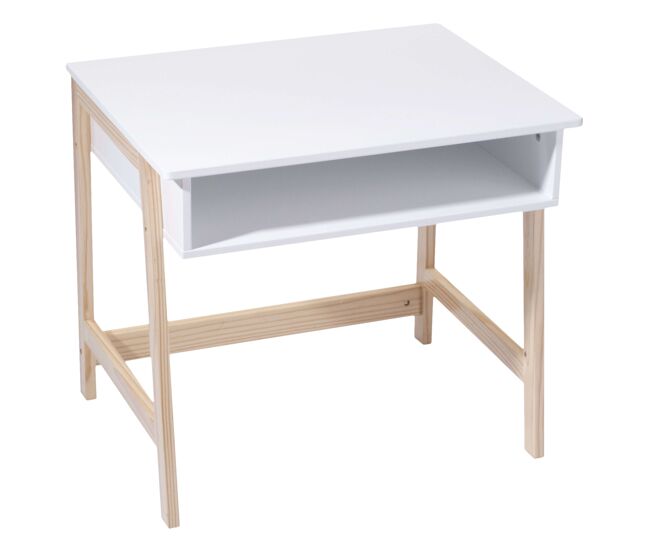 Escritorio preescolar infantil melamina blanca y patas madera, 1 hueco, 58 cm, decoración y funcionalidad