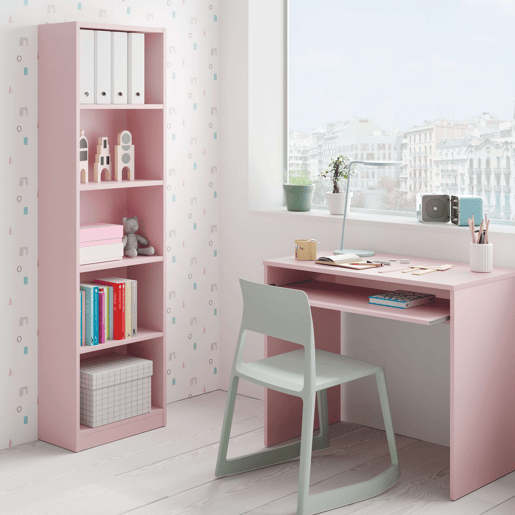 Pacote de móveis de estudo infantil e juvenil estilo moderno I-Joy em rosa, composto por uma escrivaninha e estante Pacote de móveis de estudo infantil e juvenil estilo moderno I-Joy em rosa, composto por uma escrivaninha e estante