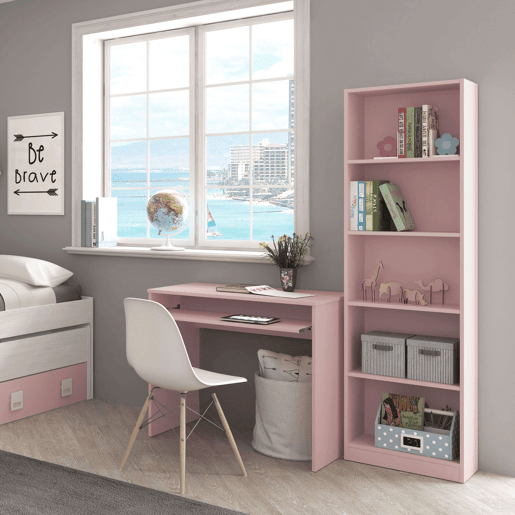 Pacote de móveis de estudo infantil e juvenil estilo moderno I-Joy em rosa, composto por uma escrivaninha e estante Pacote de móveis de estudo infantil e juvenil estilo moderno I-Joy em rosa, composto por uma escrivaninha e estante