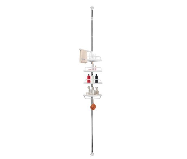 Estantería telescópica ducha baño 276 a 330 cm – 4 estantes ajustables con ganchos – sin taladro – acero inoxidable