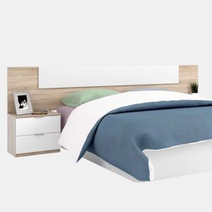 Pacote de quarto completo Alaya em branco e carvalho para camas de 150 cm (cama + cabeceira + 2 mesas de cabeceira + guarda-roupa + cômoda)