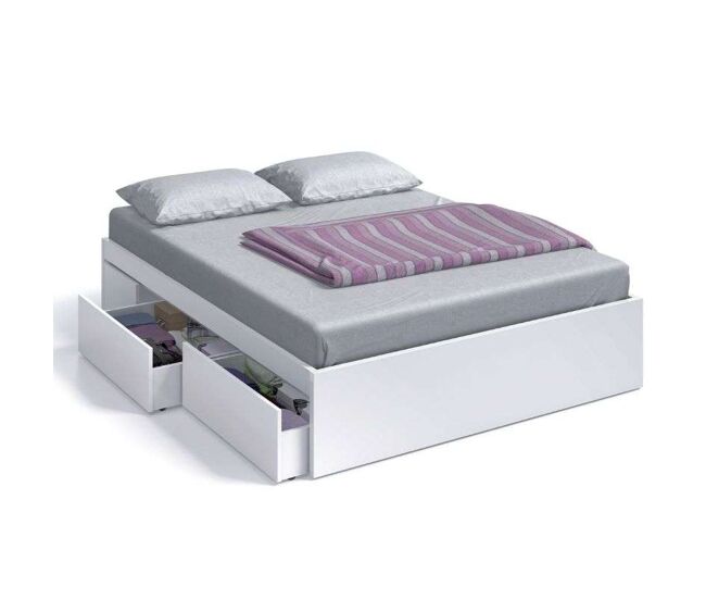 Pack de muebles de dormitorio etnha estilo moderno en blanco artik y natur con cabecero, 2 mesitas de noche, cama con cajones y cómoda