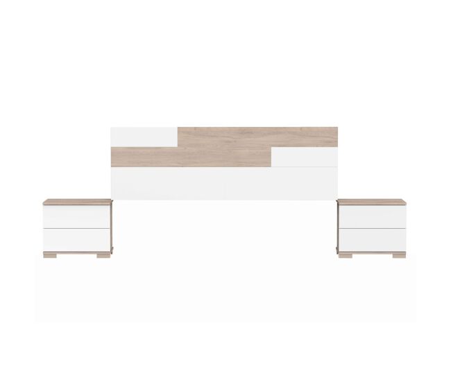Pack habitación matrimonio onix blanco y roble camas 150 cm (cabecero+mesitas+armario)