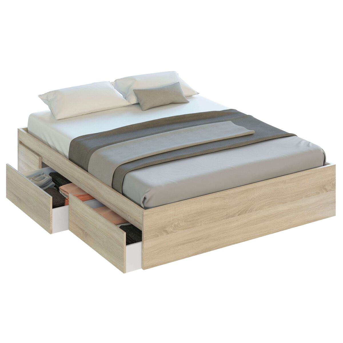 Pack de dormitorio andy estilo industrial en color roble canadian y óxido cama + cabecero con mesitas + cómoda  (armario opcional)