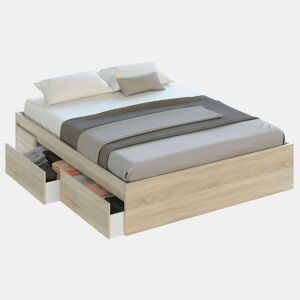 Pacote de quarto estilo industrial Andy em carvalho canadense e cor ferrugem Cama + cabeceira com mesas de cabeceira + cômoda