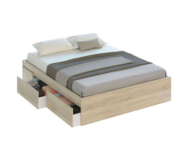 Pack de dormitorio andy estilo industrial en color roble canadian y óxido cama + cabecero con mesitas + cómoda (armario opcional)