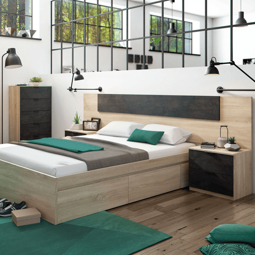 Pacote de quarto estilo industrial Andy em carvalho canadense e cor ferrugem Cama + cabeceira com mesas de cabeceira + cômoda