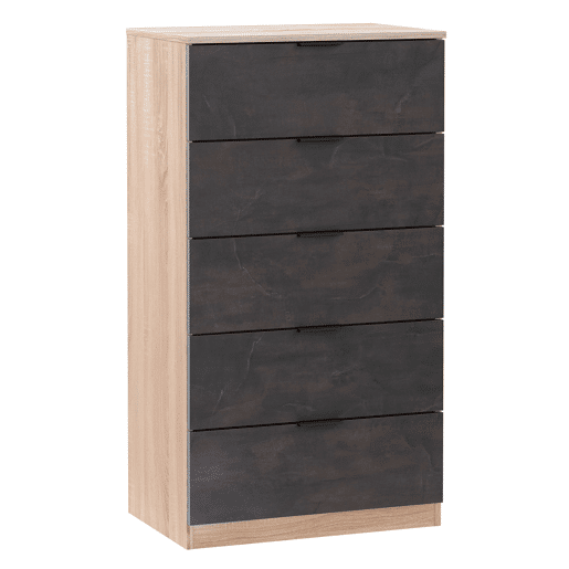 Pacote de quarto estilo industrial Andy em carvalho canadense e cor ferrugem Cama + cabeceira com mesas de cabeceira + cômoda