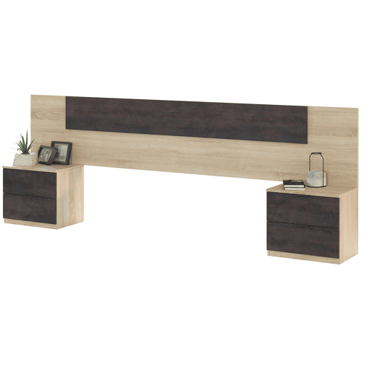 Pacote de quarto estilo industrial Andy em carvalho canadense e cor ferrugem Cama + cabeceira com mesas de cabeceira + cômoda