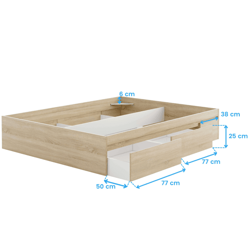 Pacote de quarto estilo industrial Andy em carvalho canadense e cor ferrugem Cama + cabeceira com mesas de cabeceira + cômoda
