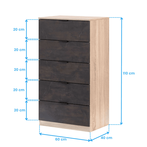 Pacote de quarto estilo industrial Andy em carvalho canadense e cor ferrugem Cama + cabeceira com mesas de cabeceira + cômoda