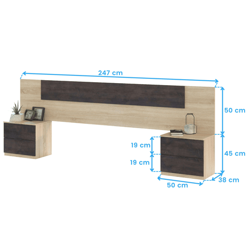 Pacote de quarto estilo industrial Andy em carvalho canadense e cor ferrugem Cama + cabeceira com mesas de cabeceira + cômoda