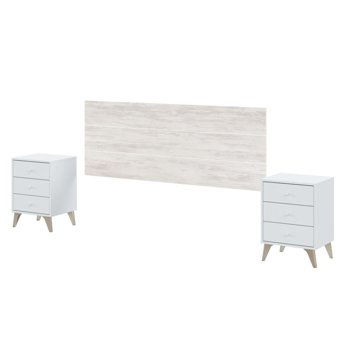 Conjunto muebles dormitorio habitación estilo nórdico blanco 150 cm (cabecero + 2 mesitas + cama + cómoda)