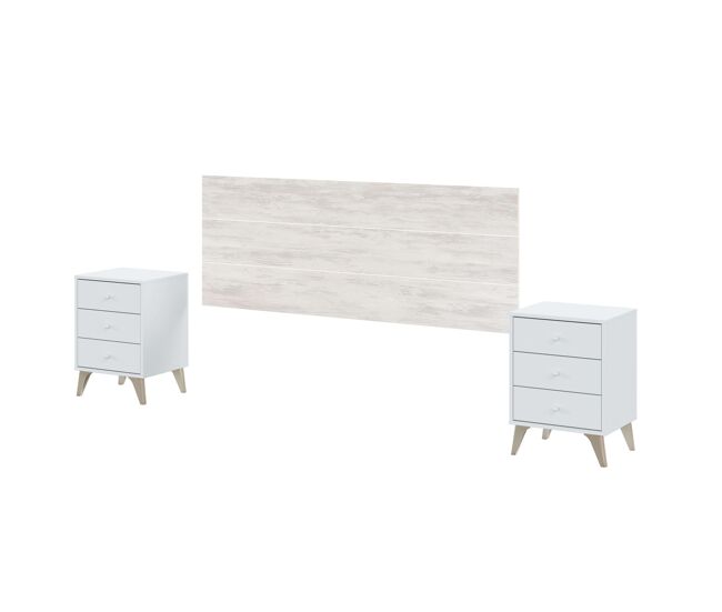 Conjunto muebles dormitorio habitación estilo nórdico blanco 150 cm (cabecero + 2 mesitas + cama + cómoda)
