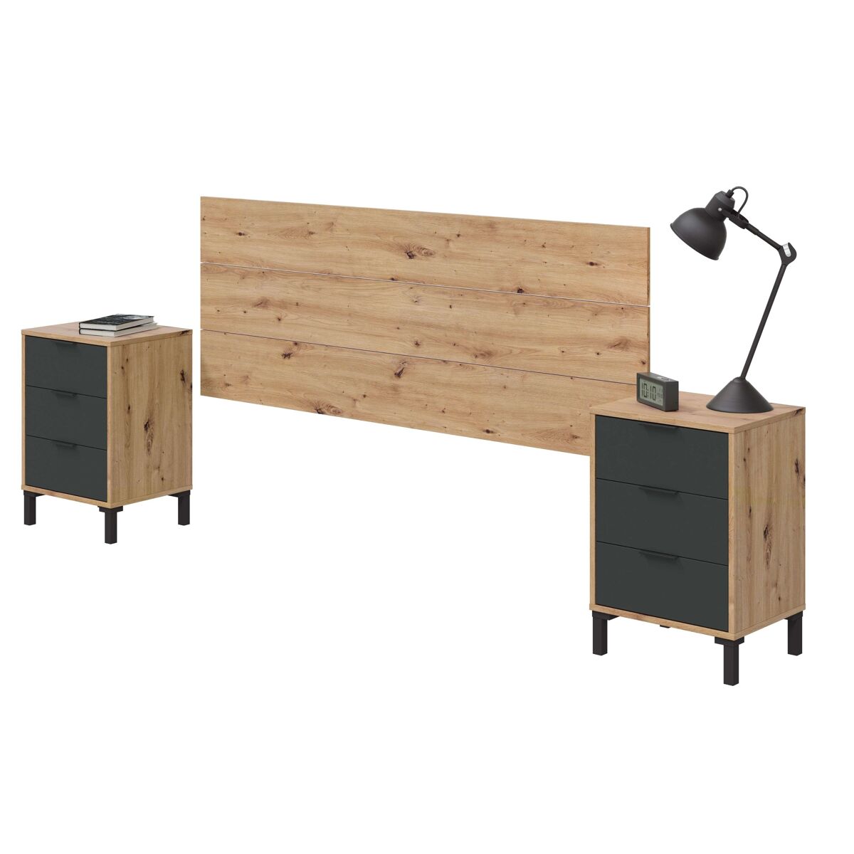 Pack dormitorio cabecero 135/150 cm con 2 mesitas + cómoda+armario color roble nodi y gris antracita