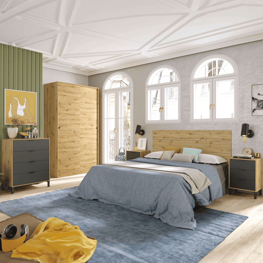 Pacote de quarto Cabeceira 135150 cm com 2 mesas de cabeceira + cômoda + guarda-roupa em carvalho Nodi e cinza antracite