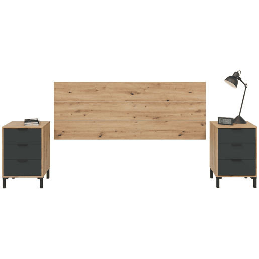 Pacote de quarto Cabeceira 135150 cm com 2 mesas de cabeceira + cômoda + guarda-roupa em carvalho Nodi e cinza antracite