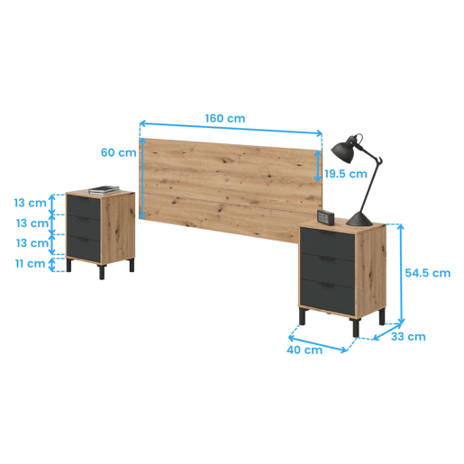 Pacote de quarto Cabeceira 135150 cm com 2 mesas de cabeceira + cômoda + guarda-roupa em carvalho Nodi e cinza antracite