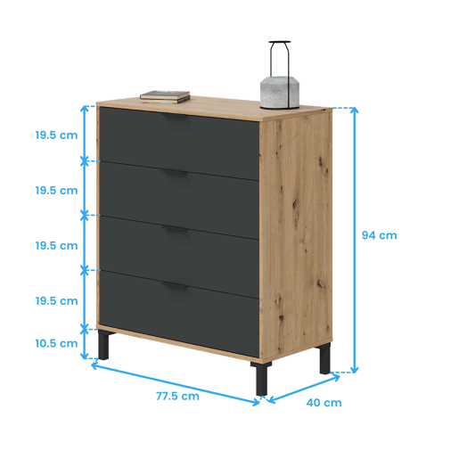 Pacote de quarto Cabeceira 135150 cm com 2 mesas de cabeceira + cômoda + guarda-roupa em carvalho Nodi e cinza antracite