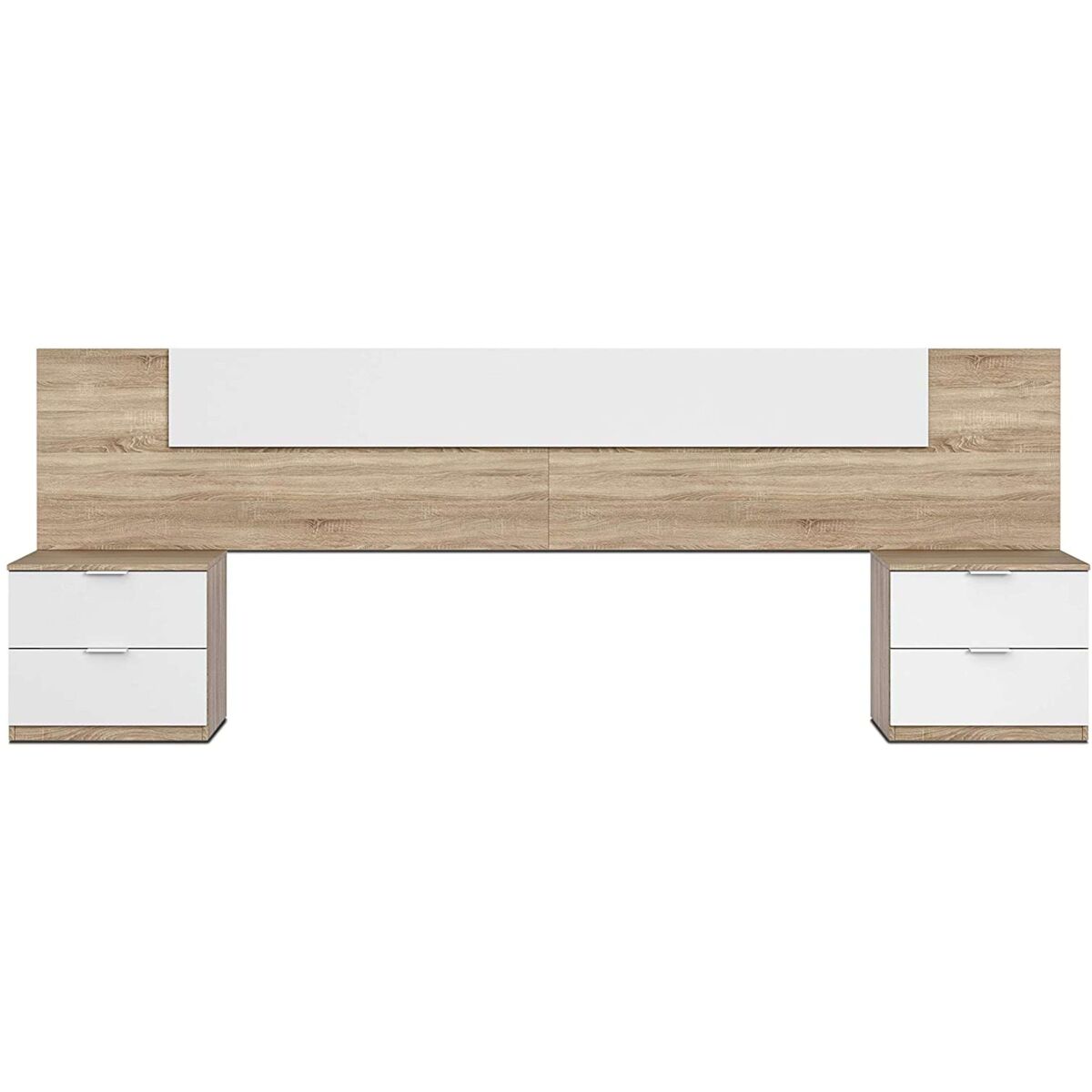 Pack dormitorio matrimonio completo en blanco y roble canadian (cama + armario + cabezal con mesitas + zapatero)