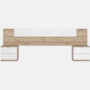 Pacote completo de quarto de casal em branco e carvalho canadense (cama + guarda-roupa + cabeceira com mesas de cabeceira + sapateira)