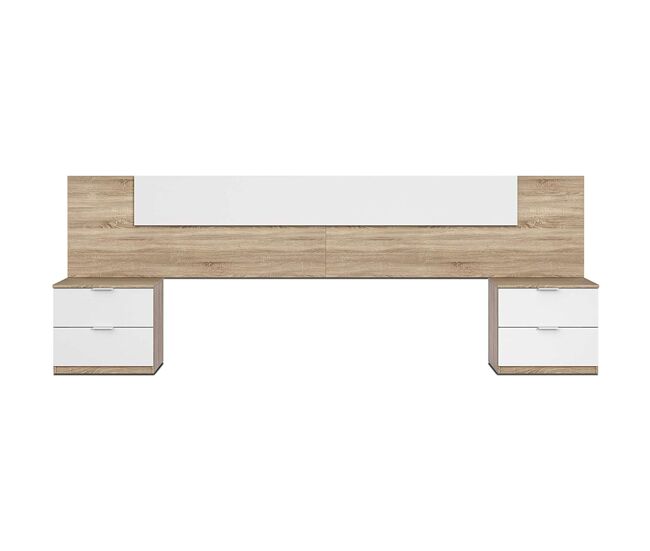 Pack dormitorio matrimonio completo en blanco y roble canadian (cama + armario + cabezal con mesitas + zapatero)