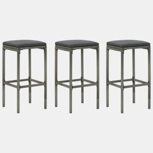vidaXL Bancos de bar com almofadões 3 pcs vime PE cinzento