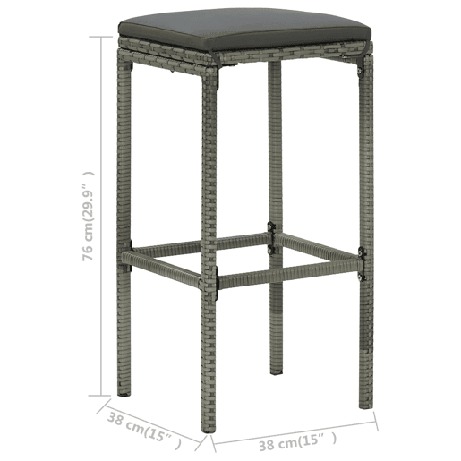 vidaXL Bancos de bar com almofadões 3 pcs vime PE cinzento vidaXL Bancos de bar com almofadões 3 pcs vime PE cinzento