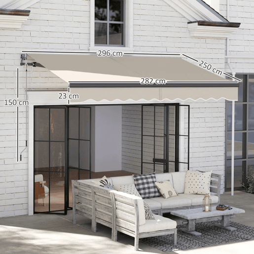Outsunny Toldo Elétrico Retrátil com Controlo Remoto 296x250 cm Toldo de Exterior Enrolável com Manivela Estrutura de Alumínio e Proteção UV30+ para Jardim Porta Janela Creme