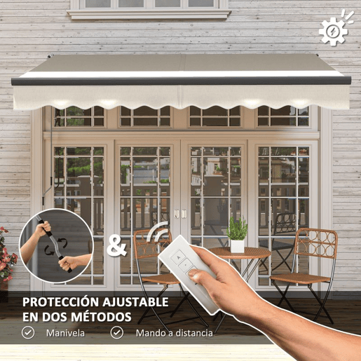 Outsunny Toldo Elétrico Retrátil com Controlo Remoto 296x250 cm Toldo de Exterior Enrolável com Manivela Estrutura de Alumínio e Proteção UV30+ para Jardim Porta Janela Creme