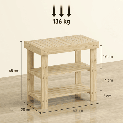 HOMCOM Banco Sapateira de Bambu Sapateira com Assento Organizador de Sapatos com 2 Prateleiras para 4 Pares de Sapatos para Entrada Sala de Estar Dormitório 50x28x45 cm Madeira