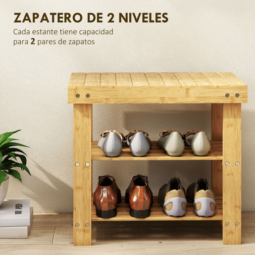 HOMCOM Banco Sapateira de Bambu Sapateira com Assento Organizador de Sapatos com 2 Prateleiras para 4 Pares de Sapatos para Entrada Sala de Estar Dormitório 50x28x45 cm Madeira