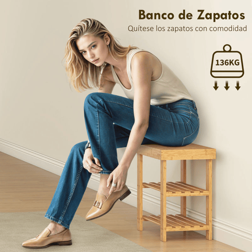HOMCOM Banco Sapateira de Bambu Sapateira com Assento Organizador de Sapatos com 2 Prateleiras para 4 Pares de Sapatos para Entrada Sala de Estar Dormitório 50x28x45 cm Madeira