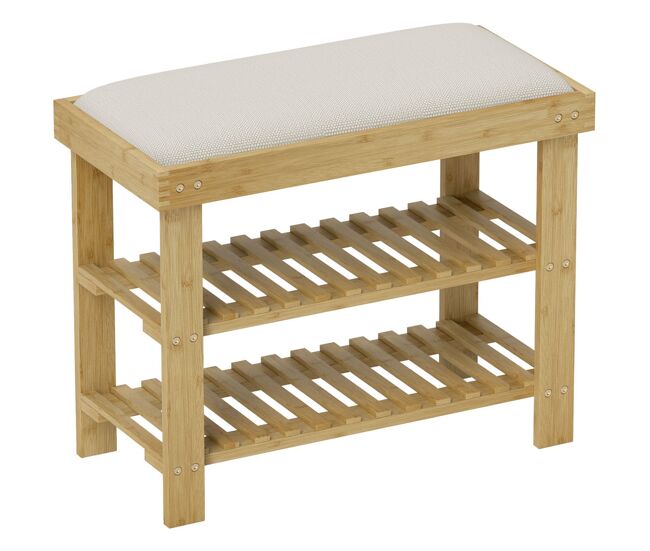 Homcom banco zapatero de bambú zapatero con asiento acolchado 2 estantes para 6 pares de zapatos para entrada dormitorio 60x29x49 cm natural y crema