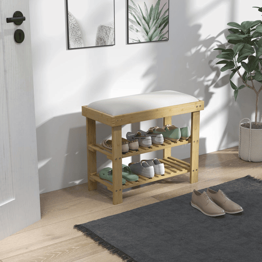 HOMCOM Banco Sapateira de Bambu Sapateira com Assento Almofadado 2 Prateleiras para 6 Pares de Sapatos para Entrada Dormitório 60x29x49 cm Madeira e Creme