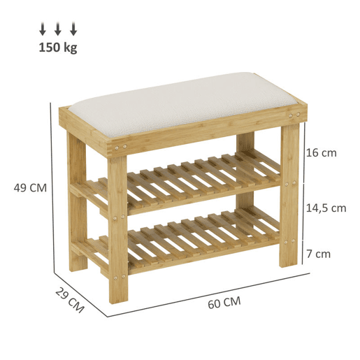 HOMCOM Banco Sapateira de Bambu Sapateira com Assento Almofadado 2 Prateleiras para 6 Pares de Sapatos para Entrada Dormitório 60x29x49 cm Madeira e Creme