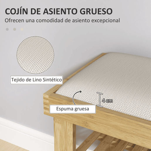 HOMCOM Banco Sapateira de Bambu Sapateira com Assento Almofadado 2 Prateleiras para 6 Pares de Sapatos para Entrada Dormitório 60x29x49 cm Madeira e Creme