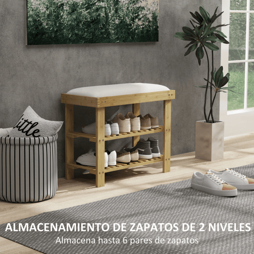 HOMCOM Banco Sapateira de Bambu Sapateira com Assento Almofadado 2 Prateleiras para 6 Pares de Sapatos para Entrada Dormitório 60x29x49 cm Madeira e Creme