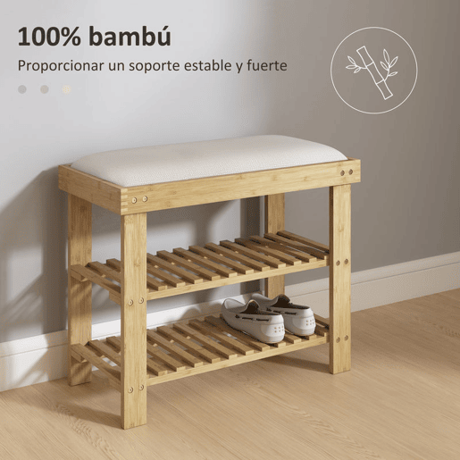 HOMCOM Banco Sapateira de Bambu Sapateira com Assento Almofadado 2 Prateleiras para 6 Pares de Sapatos para Entrada Dormitório 60x29x49 cm Madeira e Creme
