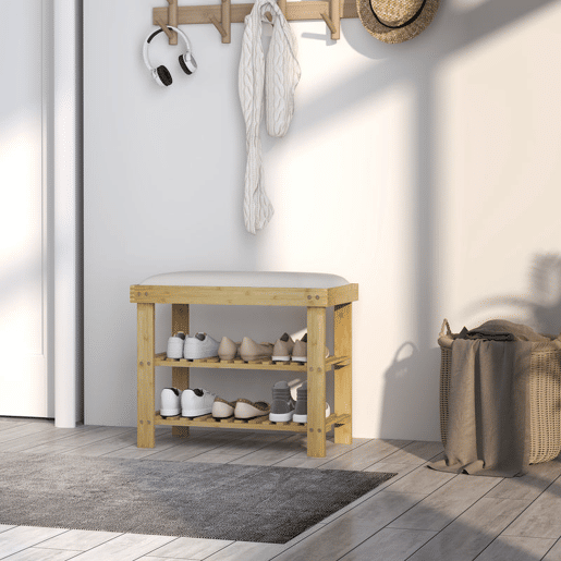 HOMCOM Banco Sapateira de Bambu Sapateira com Assento Almofadado 2 Prateleiras para 6 Pares de Sapatos para Entrada Dormitório 60x29x49 cm Madeira e Creme