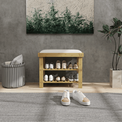 HOMCOM Banco Sapateira de Bambu Sapateira com Assento Almofadado 2 Prateleiras para 6 Pares de Sapatos para Entrada Dormitório 60x29x49 cm Madeira e Creme