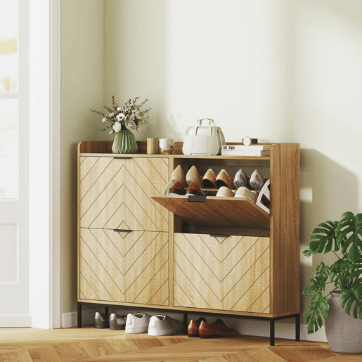 HOMCOM Sapateira Estreita com 4 Portas Rebatíveis Sapateira para Entrada com Prateleiras Ajustáveis para 16 Pares de Sapatos para Corredor Espaços Reduzidos 120x23,5x95,5 cm Madeira