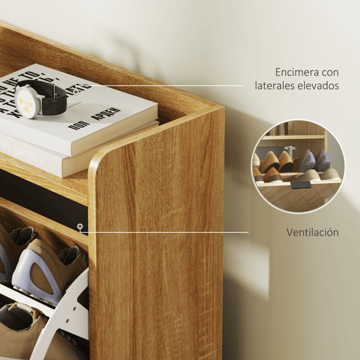 HOMCOM Sapateira Estreita com 4 Portas Rebatíveis Sapateira para Entrada com Prateleiras Ajustáveis para 16 Pares de Sapatos para Corredor Espaços Reduzidos 120x23,5x95,5 cm Madeira