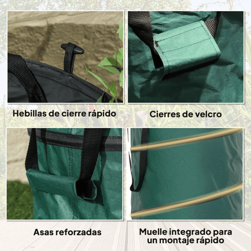 Outsunny Conjunto de 4 Sacos para Resíduos de Jardim 86L Sacos para Resíduos Resistentes com Pegas Tampa com Fecho e Desenho Pop-Up Dobráveis e Reutilizáveis Ø47x50 cm Verde