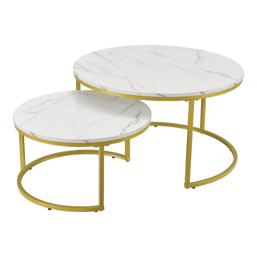Conjunto de 2 mesas de centro redondas encaixáveis u200Bu200Bcom efeito mármore branco dourado 03_0008355