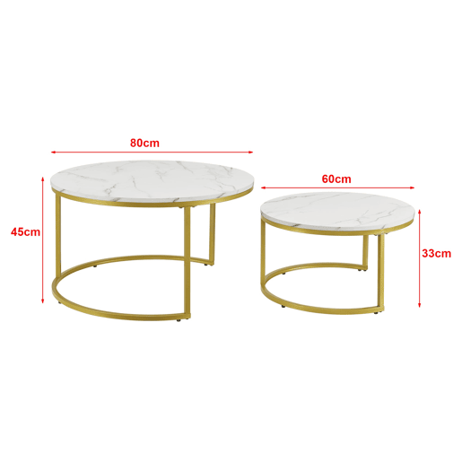 Conjunto de 2 mesas de centro redondas encaixáveis u200Bu200Bcom efeito mármore branco dourado 03_0008355